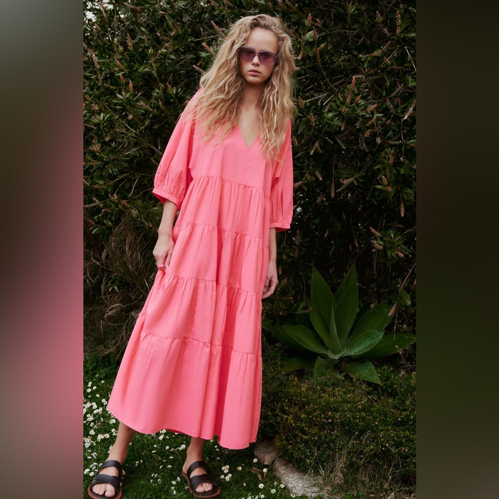 Zara Pink Tiered Poplin Dress NWT